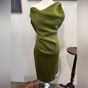 ASOS NWT one shoulder formal dress olive green size 6 scoop back gathered waist
